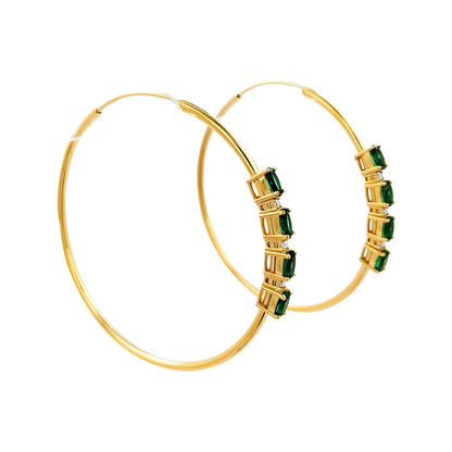 50MM Green Emerald Tube Hoop with Diamonds in 14K Yellow Gold Plated Silver | Perfect For Daily/Party Wear | Ideal Gift for All Occasions