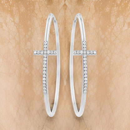 14K Gold Plated Sterling Silver Cross Hoop Earrings, 2.50 CTW Moissanite Religious Jewelry