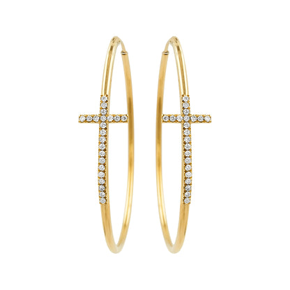 55MM Holy Cross Tube Hoop Earrings with Diamonds in 14K Gold Plated Silver |Best for Daily & Party Wear |Best Gift for Special Occasion