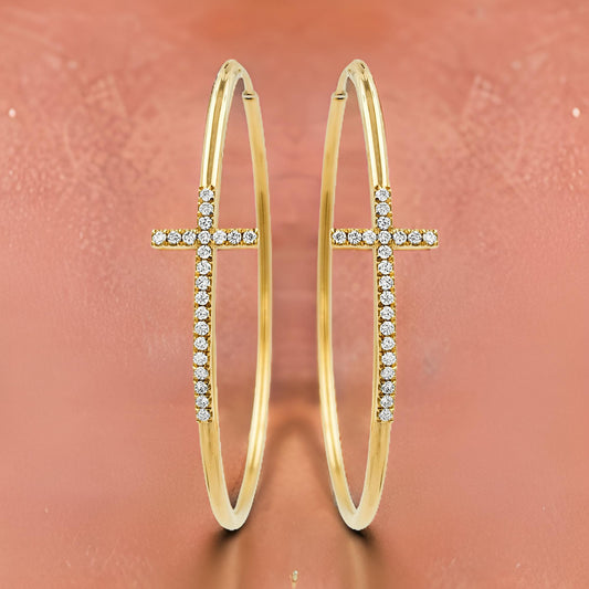 55MM Holy Cross Tube Hoop Earrings with Diamonds in 14K Gold Plated Silver |Best for Daily & Party Wear |Best Gift for Special Occasion