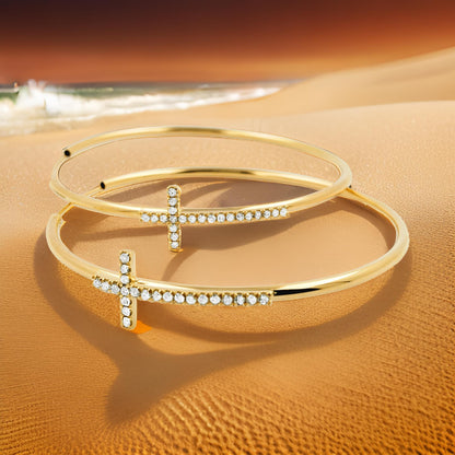 14K Gold Plated Sterling Silver Holy Cross Hoop Earrings with Lab-Grown Diamond