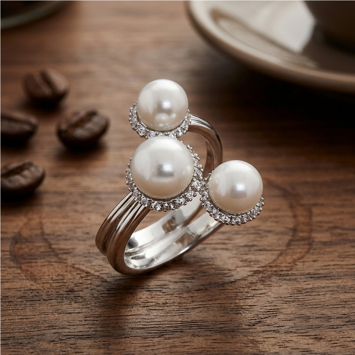14K Gold Plated Silver Ring, 5CT Triple White Floating Pearl, Round Lab Grown Diamond Halo, Modern Bypass Wrap Toi Et Moi Statement Jewelry