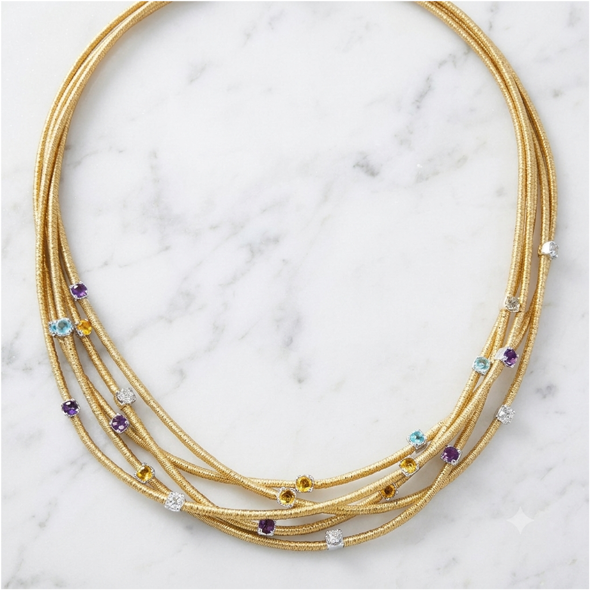 Italian Multilayer 3 3/5CTW Gemstone Necklace for Women |16/18" Adjustable |Topaz, Amethyst, Citrine & Lab-Grown Diamond |14K Gold-Plated