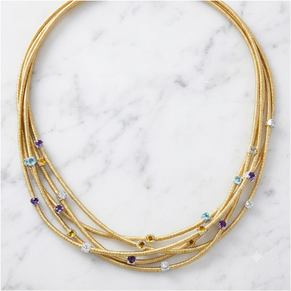 Italian Multilayer 3 3/5CTW Gemstone Necklace for Women |16/18" Adjustable |Topaz, Amethyst, Citrine & Lab-Grown Diamond |14K Gold-Plated