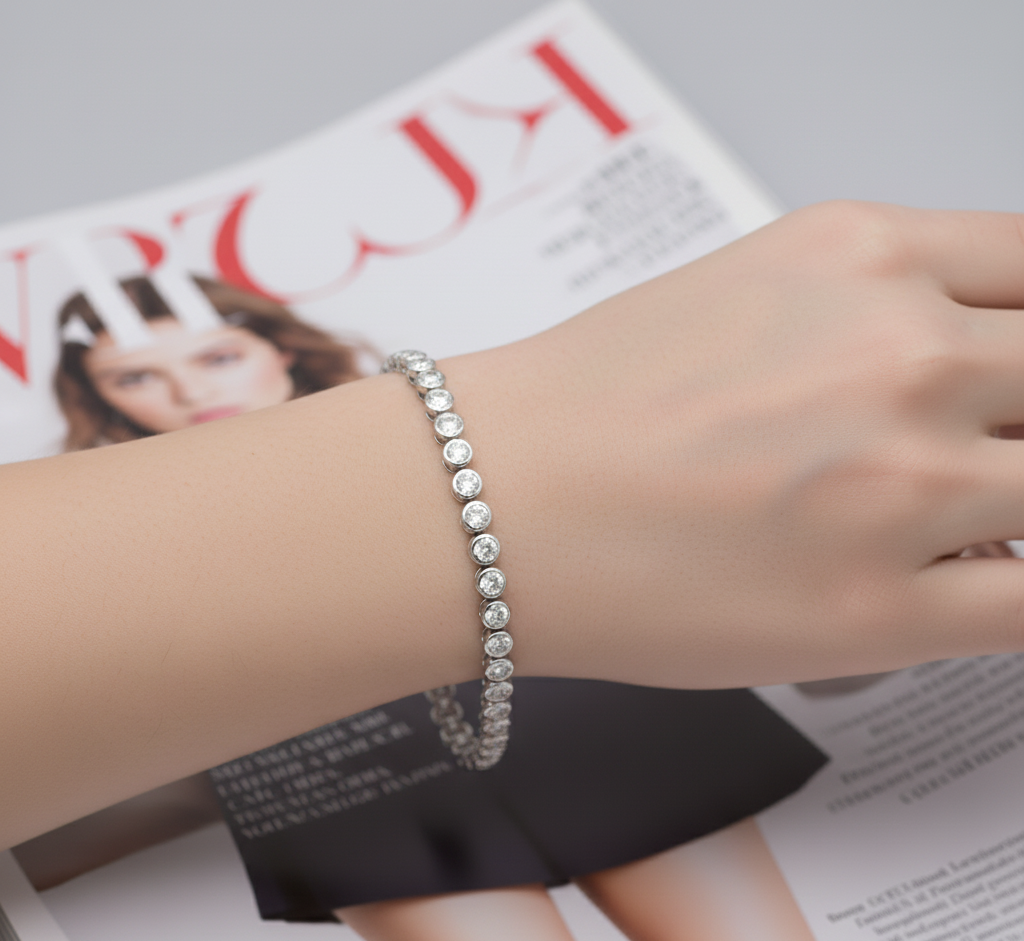 14K Gold Plated Moissanite Tennis Bracelet | Bezel Set Dainty Sparkle | Women's Holiday Gift