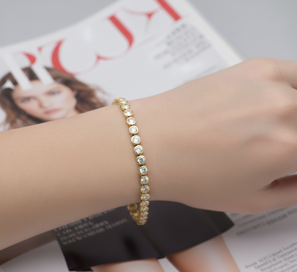 14K Gold Plated Moissanite Tennis Bracelet | Bezel Set Dainty Sparkle | Women's Holiday Gift