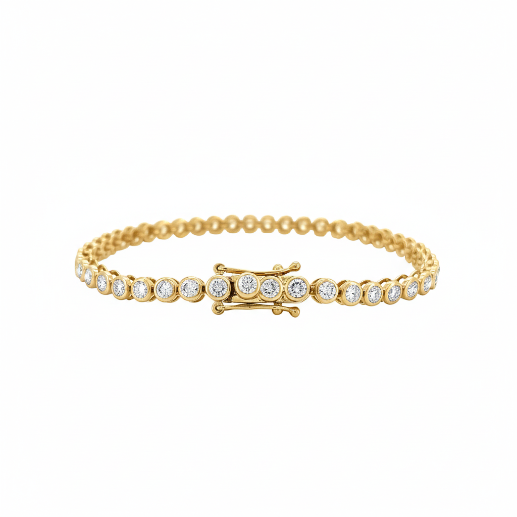 14K Gold Plated Moissanite Tennis Bracelet | Bezel Set Dainty Sparkle | Women's Holiday Gift