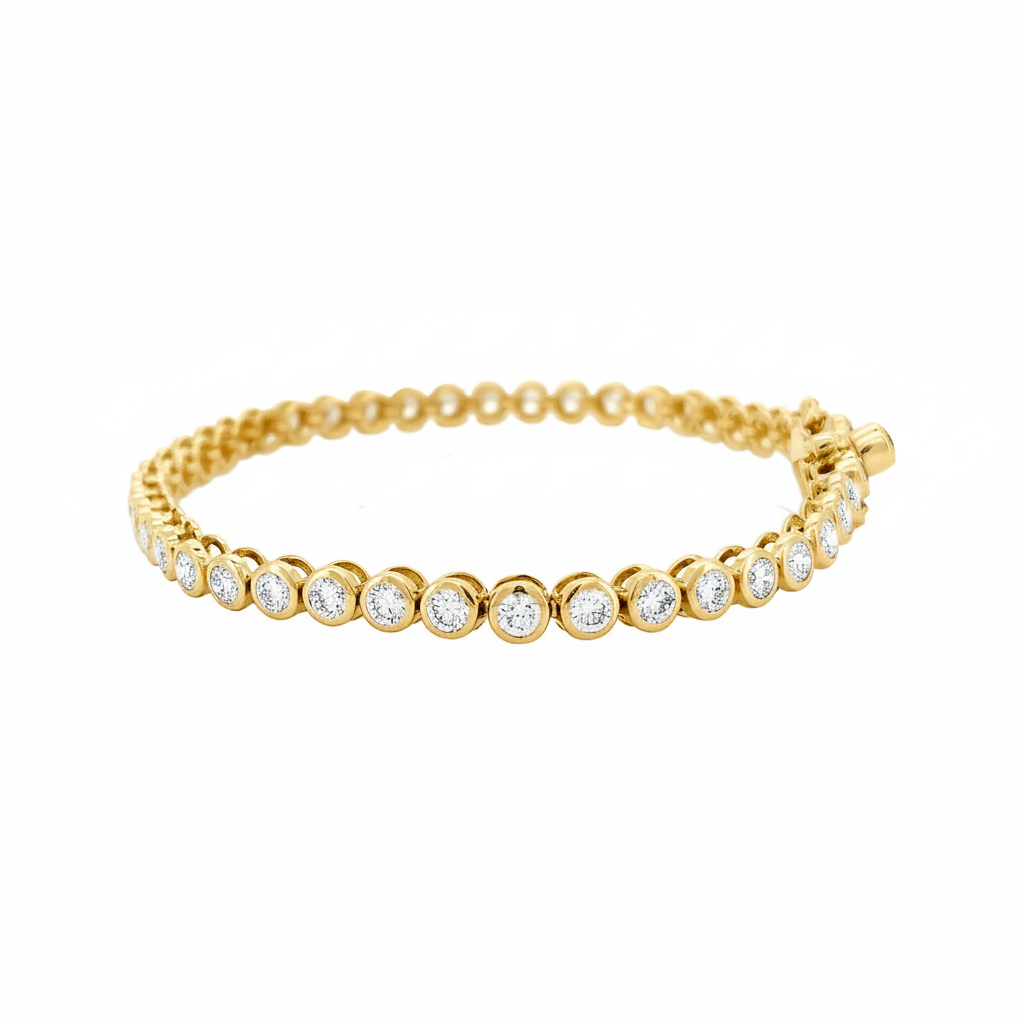 14K Gold Plated Moissanite Tennis Bracelet | Bezel Set Dainty Sparkle | Women's Holiday Gift