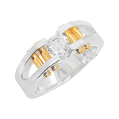 14K Gold Plated Two Tone Mens Lab Grown Diamond Wedding Band, 1CT Solitaire Silver Statement Ring, Masculine Anniversary Jewelry