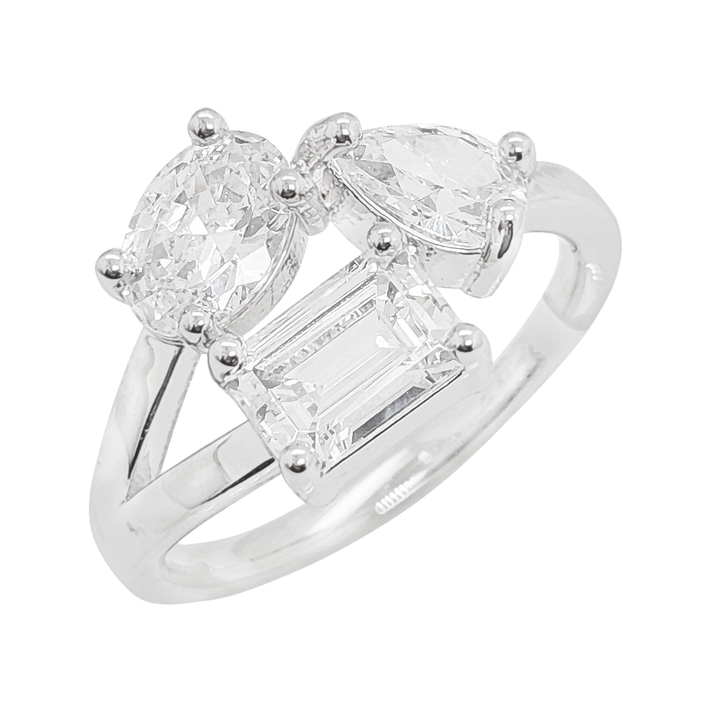 14K Gold Plated Trio Lab Grown Diamond Ring, 2.4CT Pear Emerald Oval Cut Silver Multi Stone Band,  Toi Et Moi Wedding Anniversary Jewelry