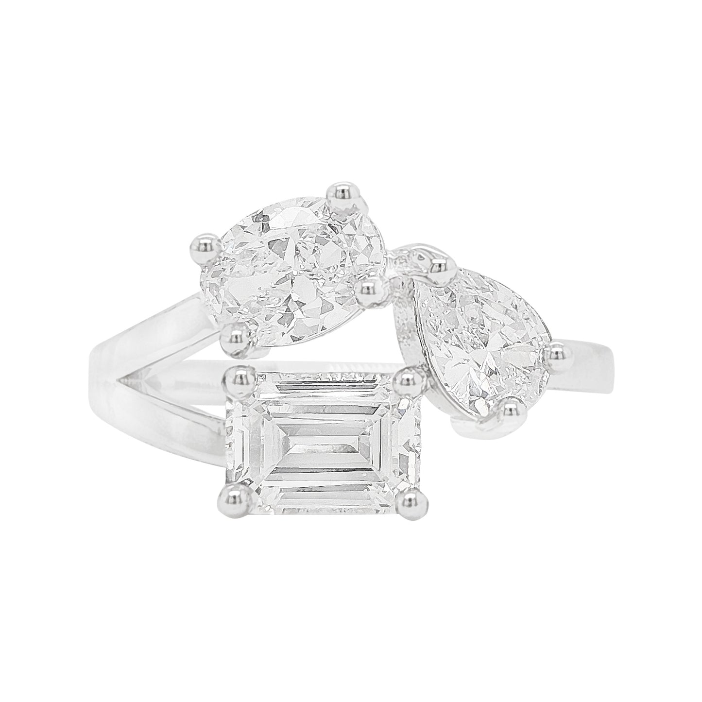 14K Gold Plated Trio Lab Grown Diamond Ring, 2.4CT Pear Emerald Oval Cut Silver Multi Stone Band,  Toi Et Moi Wedding Anniversary Jewelry