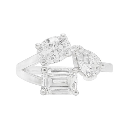 14K Gold Plated Trio Lab Grown Diamond Ring, 2.4CT Pear Emerald Oval Cut Silver Multi Stone Band,  Toi Et Moi Wedding Anniversary Jewelry