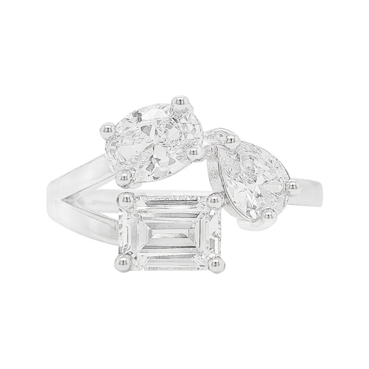 14K Gold Plated Trio Lab Grown Diamond Ring, 2.4CT Pear Emerald Oval Cut Silver Multi Stone Band,  Toi Et Moi Wedding Anniversary Jewelry