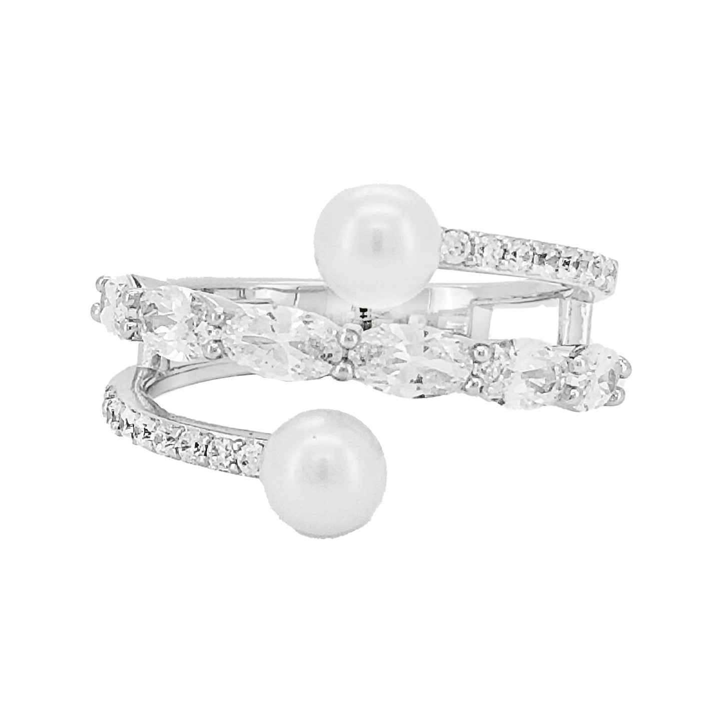 Toi et Moi Ring 14k Gold Plated Silver Oval & Round Lab Grown Diamond 2.8CTW Dual Pearl 1.6CTW Bypass Open Ring Unique Wedding Jewelry Gift