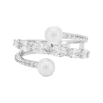 Toi et Moi Ring 14k Gold Plated Silver Oval & Round Lab Grown Diamond 2.8CTW Dual Pearl 1.6CTW Bypass Open Ring Unique Wedding Jewelry Gift