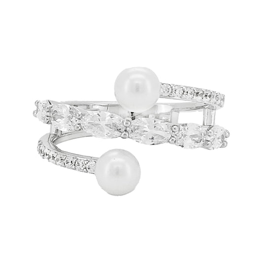 Toi et Moi Ring 14k Gold Plated Silver Oval & Round Lab Grown Diamond 2.8CTW Dual Pearl 1.6CTW Bypass Open Ring Unique Wedding Jewelry Gift