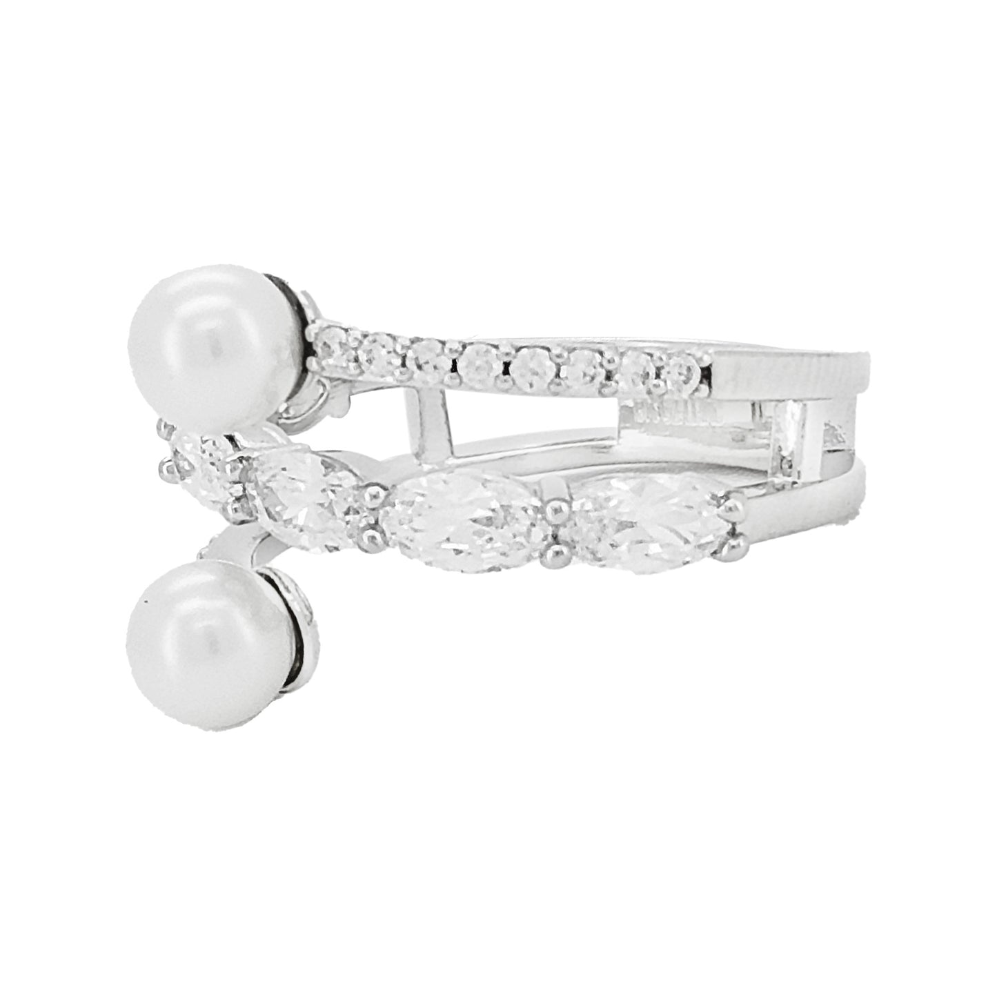 Toi et Moi Ring 14k Gold Plated Silver Oval & Round Lab Grown Diamond 2.8CTW Dual Pearl 1.6CTW Bypass Open Ring Unique Wedding Jewelry Gift
