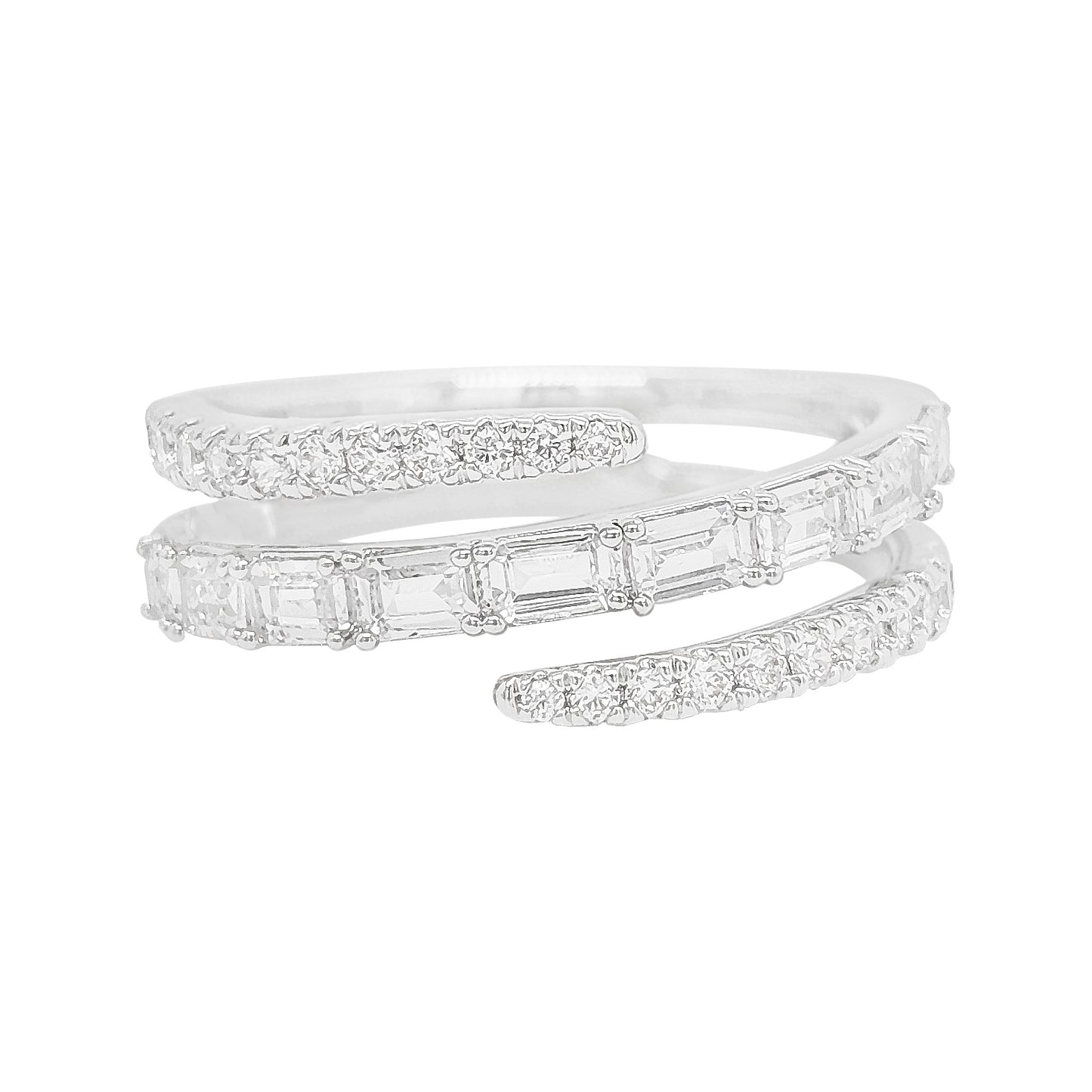 14k Gold Plated Silver Wrap Ring Lab Grown Emerald and Round Diamond 1CTW Spiral Bypass Coil Statement Jewelry Unique Stackable Wedding Band