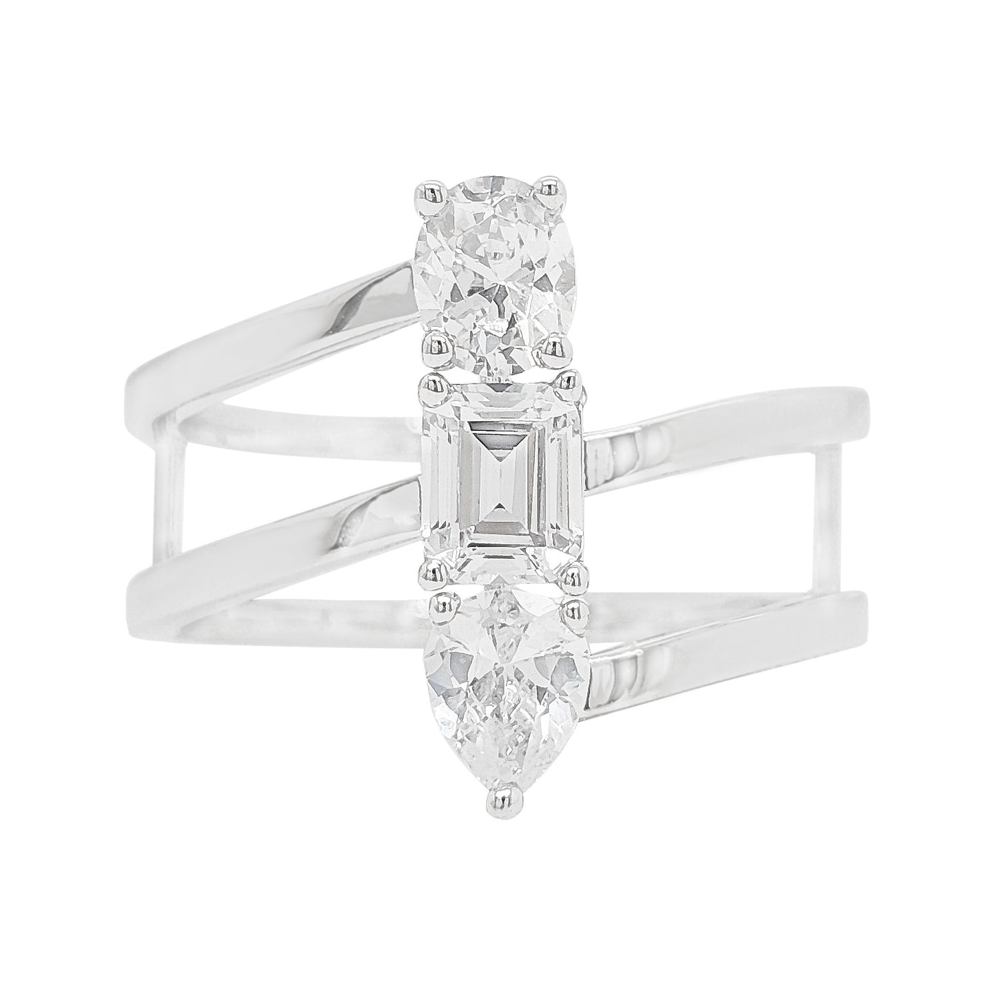 14K Gold Plated Silver Lab Grown Diamond Ring, Unique Toi Et Moi Multi Shape Emerald Oval Pear Cut, Triple Stone Engagement Band For Her