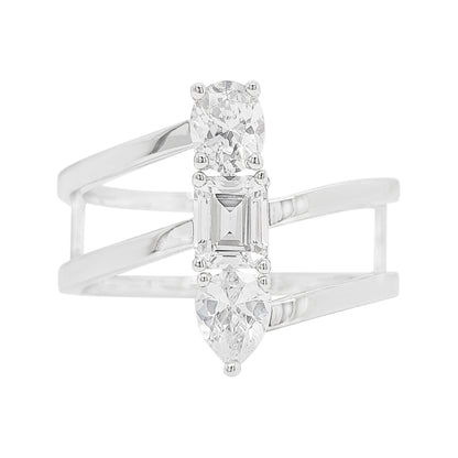 14K Gold Plated Silver Lab Grown Diamond Ring, Unique Toi Et Moi Multi Shape Emerald Oval Pear Cut, Triple Stone Engagement Band For Her