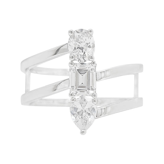 14K Gold Plated Silver Lab Grown Diamond Ring, Unique Toi Et Moi Multi Shape Emerald Oval Pear Cut, Triple Stone Engagement Band For Her