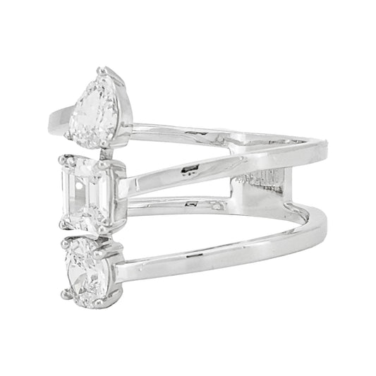 14K Gold Plated Silver Lab Grown Diamond Ring, Unique Toi Et Moi Multi Shape Emerald Oval Pear Cut, Triple Stone Engagement Band For Her