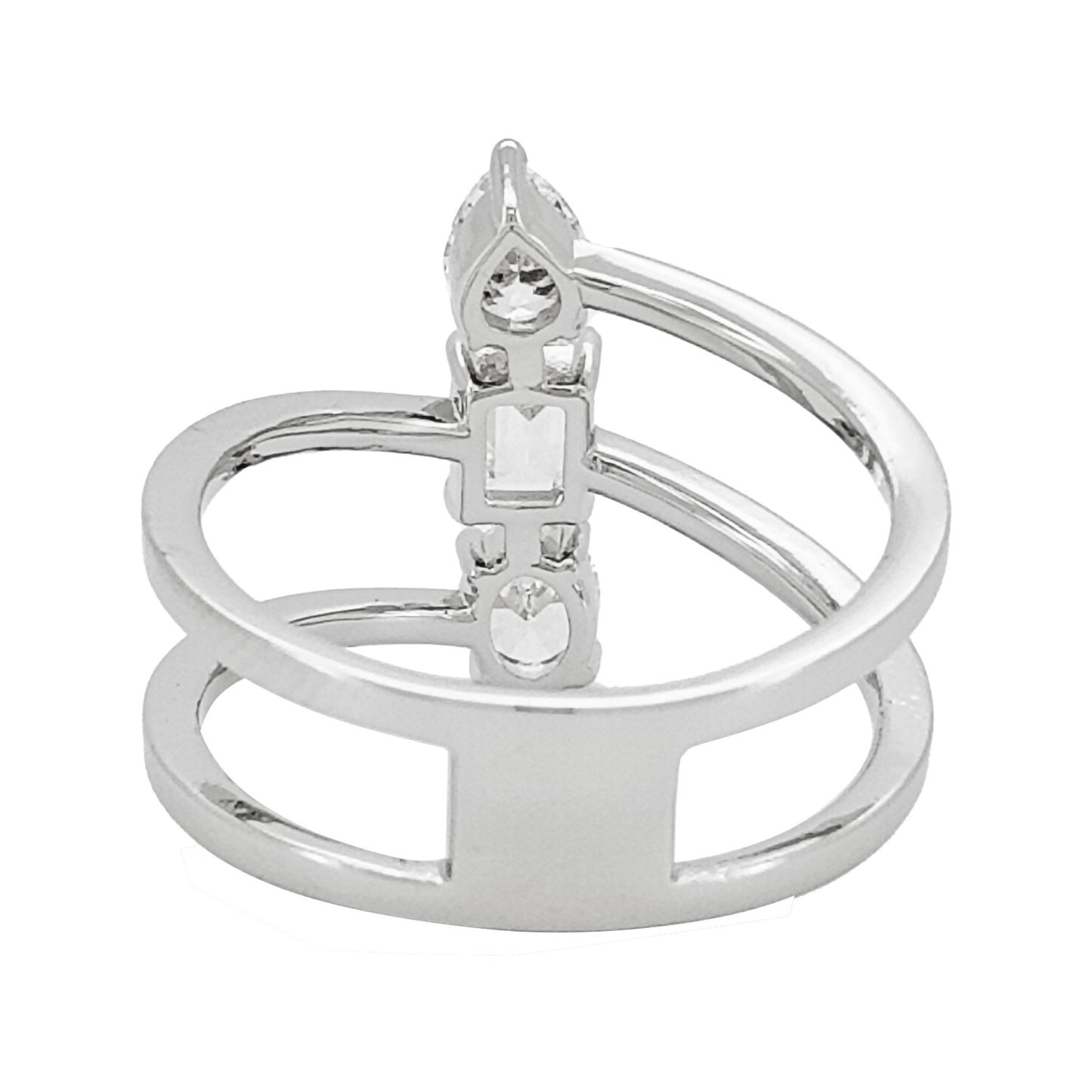 14K Gold Plated Silver Lab Grown Diamond Ring, Unique Toi Et Moi Multi Shape Emerald Oval Pear Cut, Triple Stone Engagement Band For Her