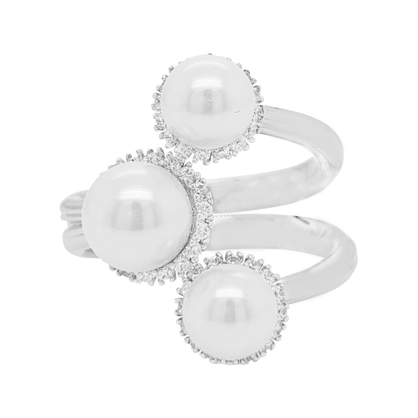 14K Gold Plated Silver Ring, 5CT Triple White Floating Pearl, Round Lab Grown Diamond Halo, Modern Bypass Wrap Toi Et Moi Statement Jewelry