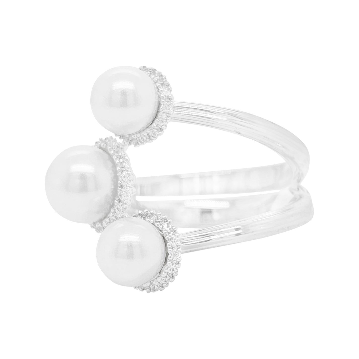 14K Gold Plated Silver Ring, 5CT Triple White Floating Pearl, Round Lab Grown Diamond Halo, Modern Bypass Wrap Toi Et Moi Statement Jewelry