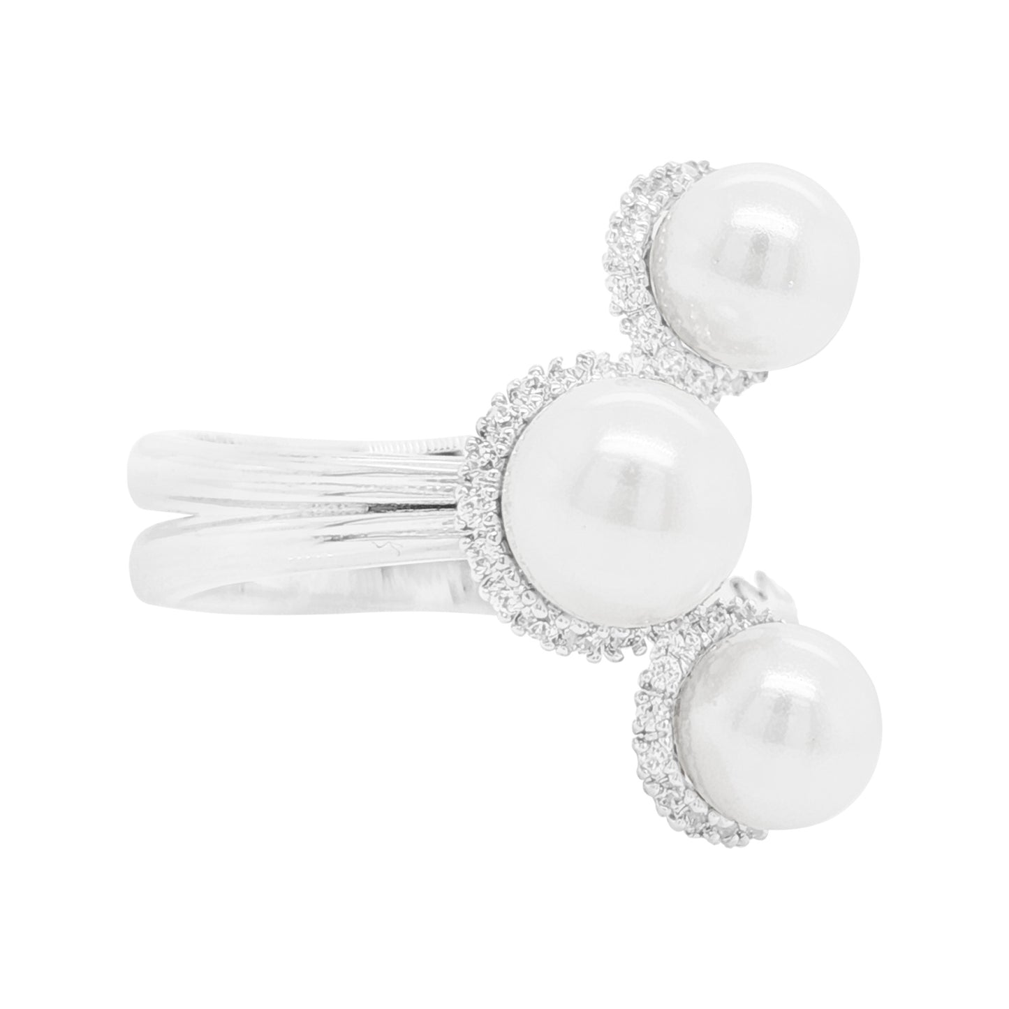 14K Gold Plated Silver Ring, 5CT Triple White Floating Pearl, Round Lab Grown Diamond Halo, Modern Bypass Wrap Toi Et Moi Statement Jewelry