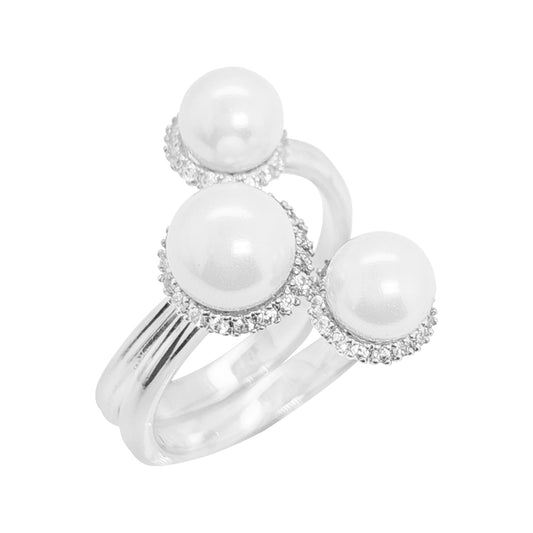 14K Gold Plated Silver Ring, 5CT Triple White Floating Pearl, Round Lab Grown Diamond Halo, Modern Bypass Wrap Toi Et Moi Statement Jewelry