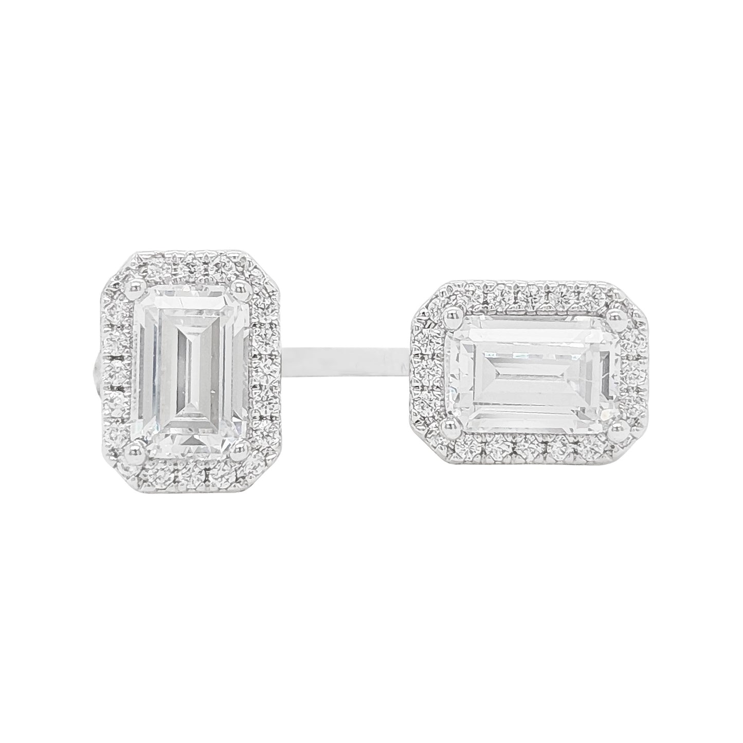 14K Gold Plated Silver Lab Grown Diamond Ring, Emerald Cut Toi Et Moi Open Gap Band, Two Stone Halo Duo, Unique Modern Engagement Jewelry
