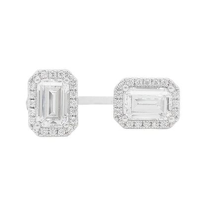 14K Gold Plated Silver Lab Grown Diamond Ring, Emerald Cut Toi Et Moi Open Gap Band, Two Stone Halo Duo, Unique Modern Engagement Jewelry