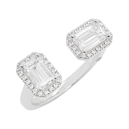 14K Gold Plated Silver Lab Grown Diamond Ring, Emerald Cut Toi Et Moi Open Gap Band, Two Stone Halo Duo, Unique Modern Engagement Jewelry