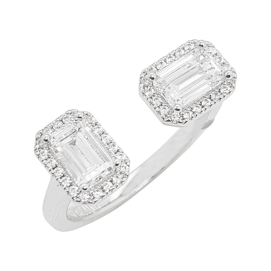 14K Gold Plated Silver Lab Grown Diamond Ring, Emerald Cut Toi Et Moi Open Gap Band, Two Stone Halo Duo, Unique Modern Engagement Jewelry