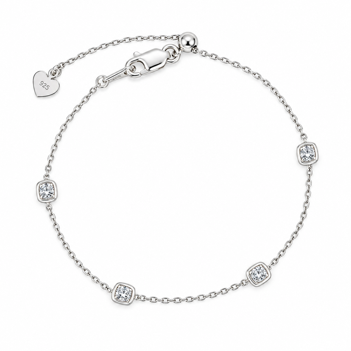 14K White Gold-Plated Silver Bracelet, 4 Bezel-Set Lab Grown Diamonds, Adjustable Chain: Cushion & Pear Cut, Dainty