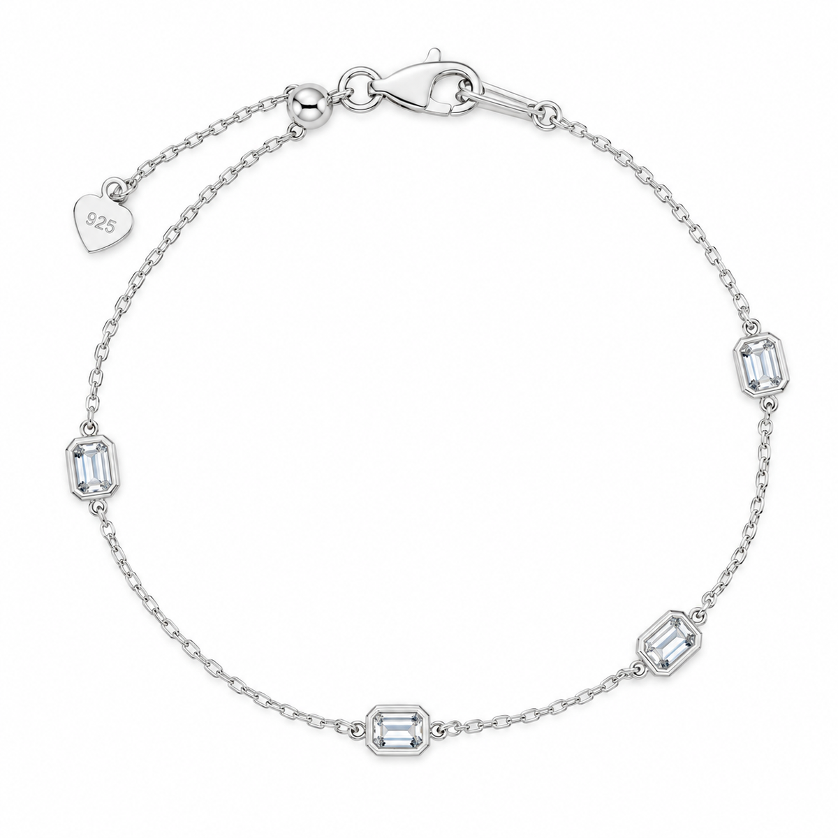 Emerald Cut Diamond Station Bracelet, 14K White Gold Plated 925 Sterling Silver