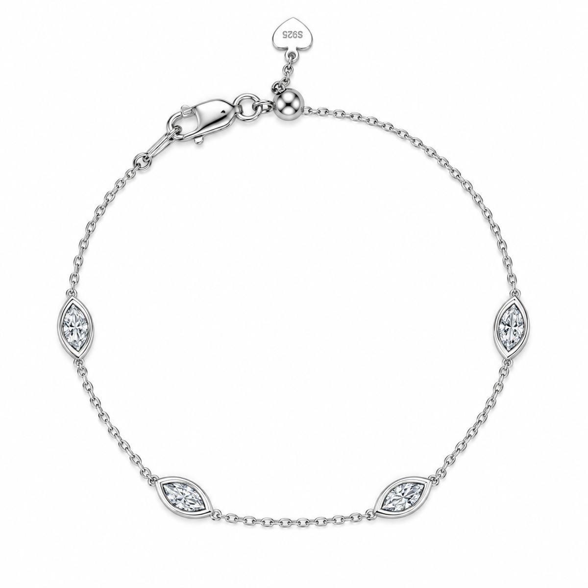 Marquise Diamond Station Bracelet, 14K Gold Plated 925 Sterling Silver, Bezel Set