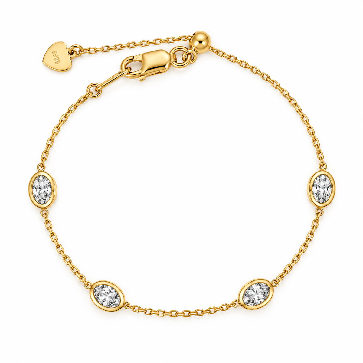 Oval Diamond Bracelet: 4-Bezel Set 14K Gold Plated Sterling Silver