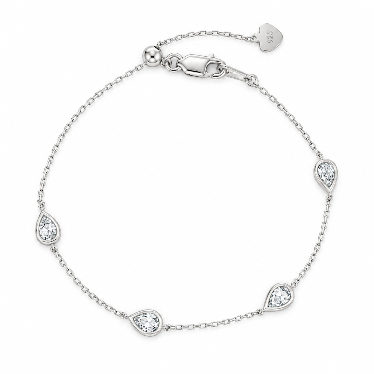 14K White Gold-Plated Silver Bracelet, 4 Bezel-Set Lab Grown Diamonds, Adjustable Chain: Cushion & Pear Cut, Dainty
