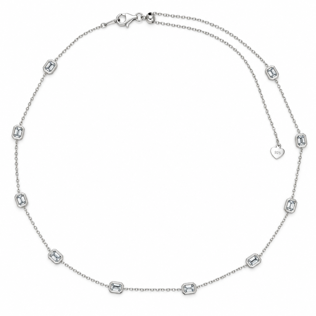 Emerald Cut Lab Grown Diamond Station Necklace, 14K Gold Plated 925 Sterling Silver, 18 Inch Adjustable Chain