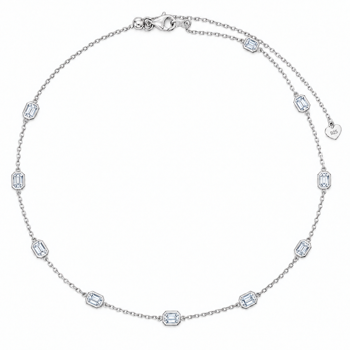 Emerald Cut Lab Grown Diamond Station Necklace, 14K Gold Plated 925 Sterling Silver, 18 Inch Adjustable Chain