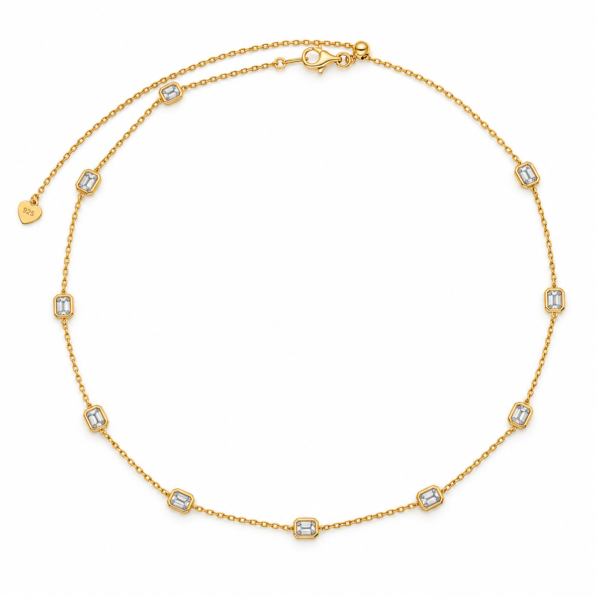 Emerald Cut Lab Grown Diamond Station Necklace, 14K Gold Plated 925 Sterling Silver, 18 Inch Adjustable Chain
