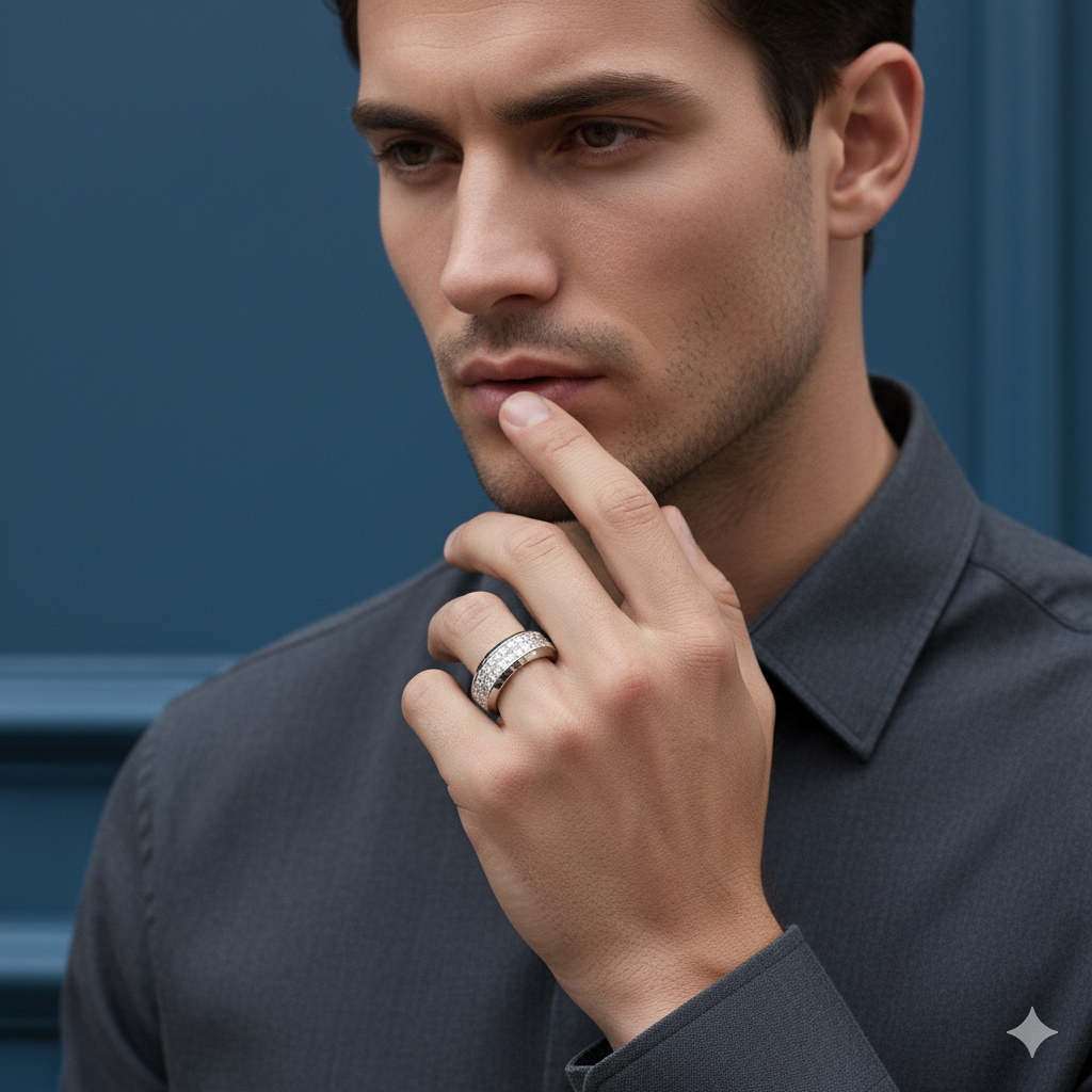 Men’s Diamond Band Ring 14K Gold Plated Silver Two Row Lab Grown Diamonds Setting Textured Inner Design Wedding Jewelry