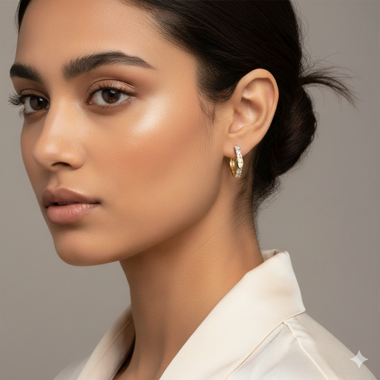 Dainty 14K Gold Plated Moissanite Huggie Hoop Earrings | Diamond Accent Pave Set Huggies | 13mm Small Hoops for Women, Silver Gift