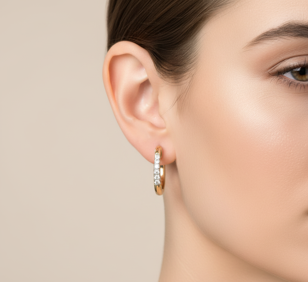 14K Gold Plated Moissanite Diamond Huggie Earrings | 13.5MM Pave Set Sterling Silver Hoop | Gift For Her | Christmas Jewelry