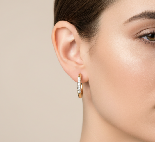 14K Gold Plated Moissanite Diamond Huggie Earrings | 13.5MM Pave Set Sterling Silver Hoop | Gift For Her | Christmas Jewelry