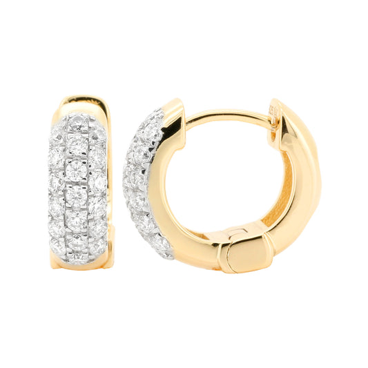 14K Gold Plated Huggie Earrings: Sterling Silver Pave Lab Grown Diamond Hoops
