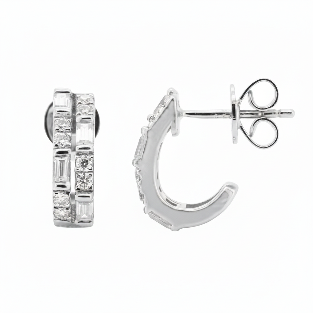 14K Gold Plated Baguette & Round Moissanite Huggie | 12mm Minimalist Earrings | Bridal Diamond Alternative |1CTW