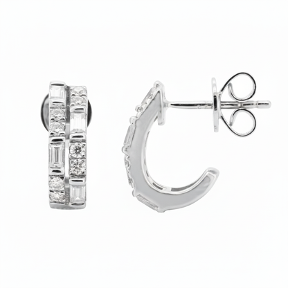 14K Gold Plated Baguette & Round Moissanite Huggie | 12mm Minimalist Earrings | Bridal Diamond Alternative |1CTW